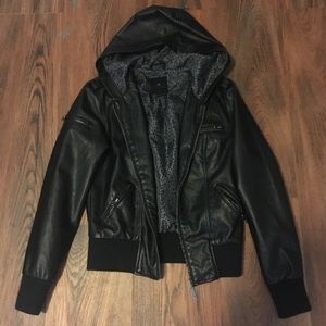 Faux Leather Motorcycle Jacket w Hood